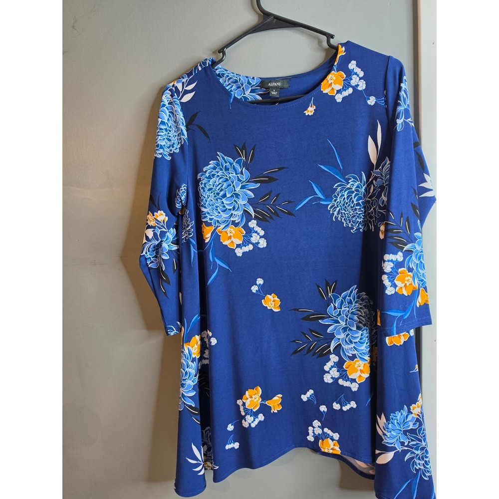 Alfani Royal Blue Floral Tunic Top 3/4 Sleeve Round Neck Size S